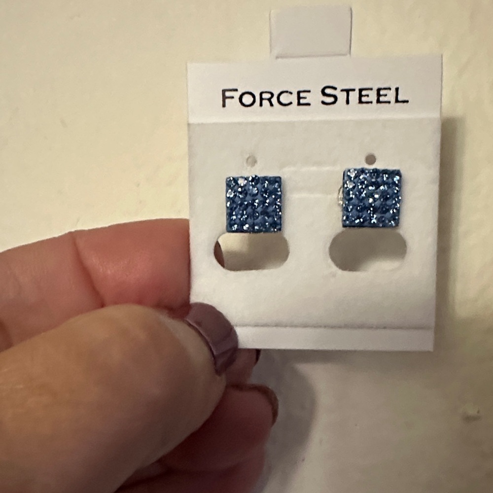 NEW Force Steel Blue Sparkle Stud Earrings